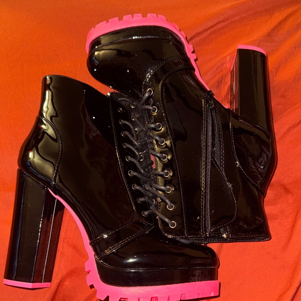 Black patent faux leather boots